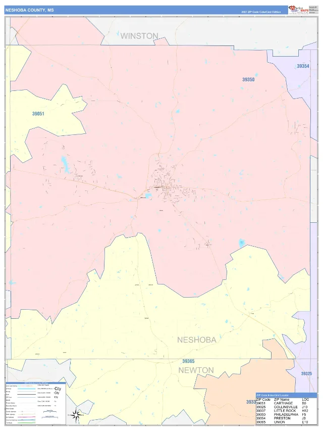Neshoba County, MS ZIP Code Wall Map, ColorCast style