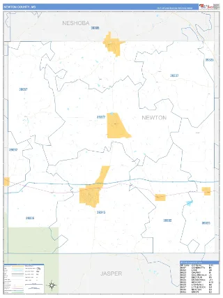 Newton County, MS Business Reference style ZIP Code wall map