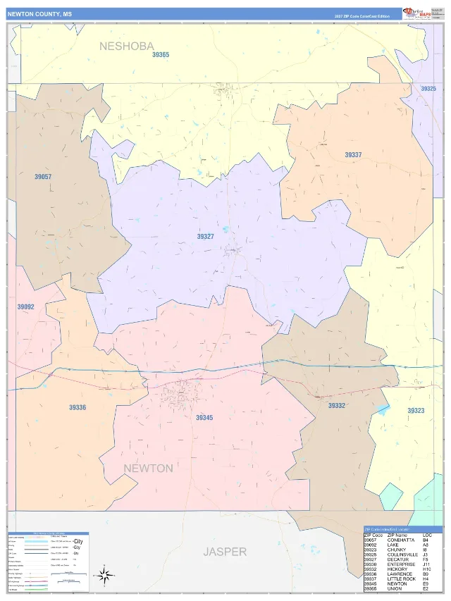 Newton County, MS ZIP Code Wall Map, ColorCast style