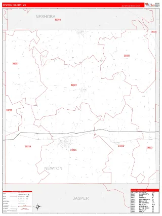 Newton County, MS RedLine style ZIP Code wall map