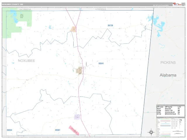 Noxubee County, MS ZIP Code Wall Map, Classic style