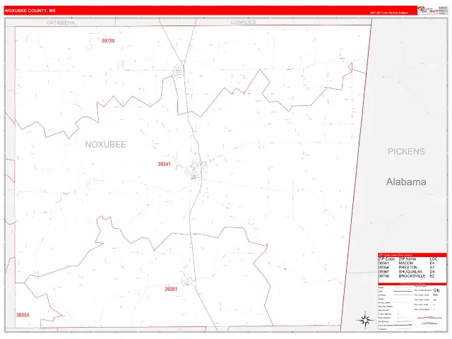 Noxubee County, MS ZIP Code Wall Map, RedLine style