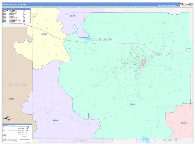 Oktibbeha County, MS ZIP Code Wall Map, ColorCast style