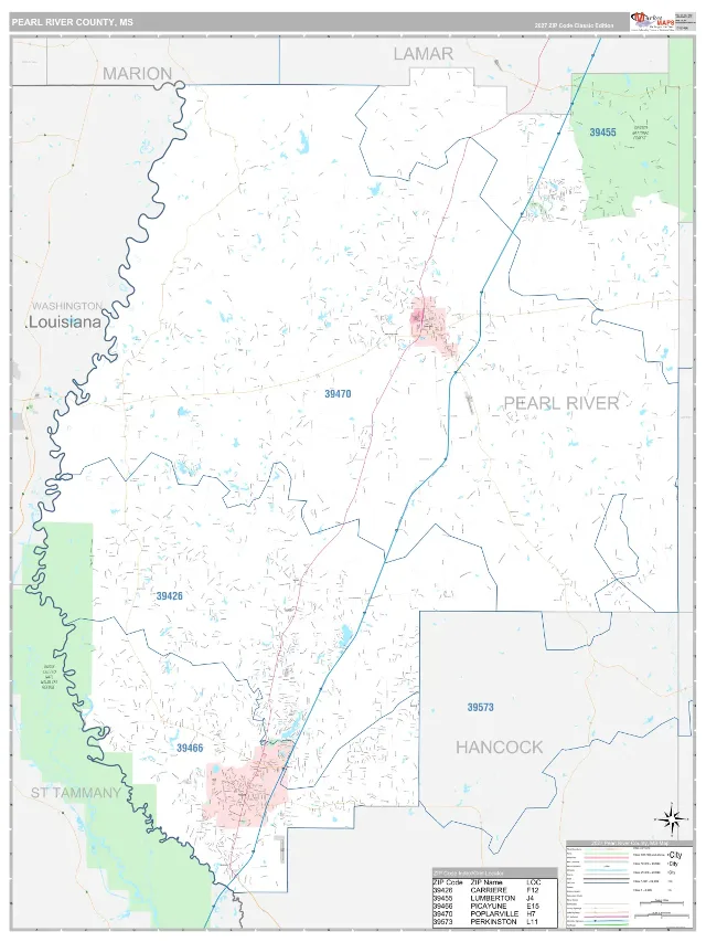 Pearl River County, MS ZIP Code Wall Map, Classic style