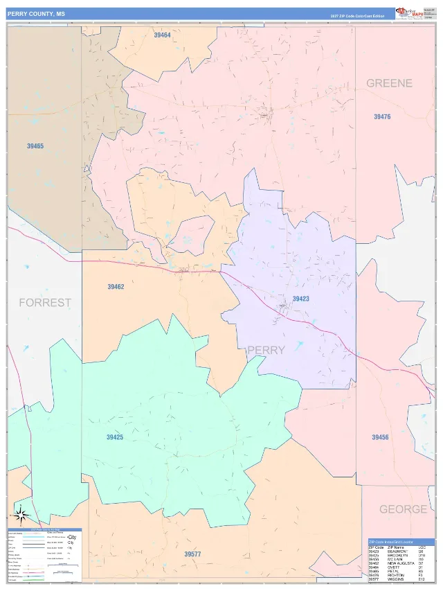 Perry County, MS ZIP Code Wall Map, ColorCast style