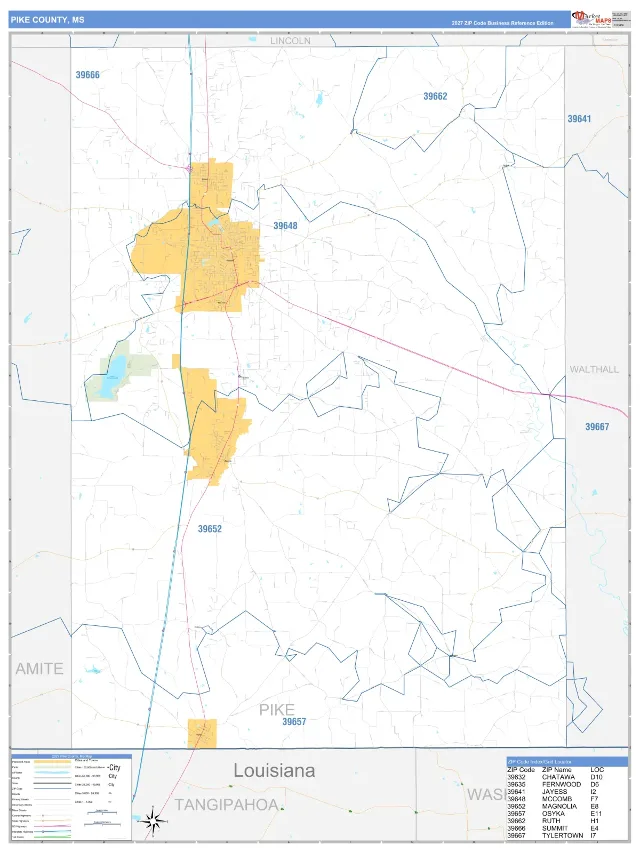 Pike County, MS ZIP Code Wall Map, Business Reference style
