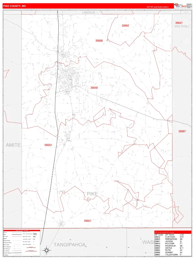 Pike County, MS ZIP Code Wall Map, RedLine style