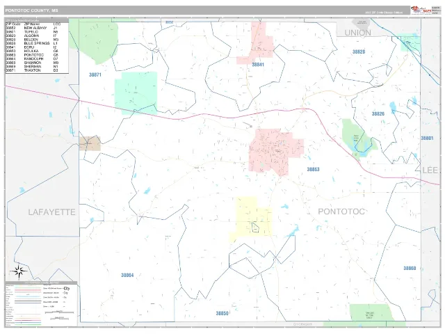 Pontotoc County, MS ZIP Code Wall Map, Classic style