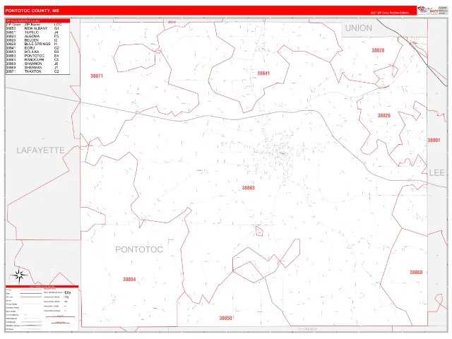 Pontotoc County, MS ZIP Code Wall Map, RedLine style