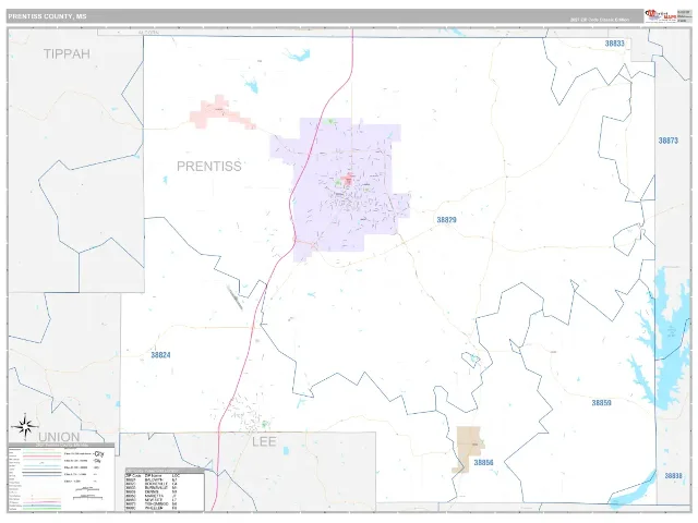 Prentiss County, MS ZIP Code Wall Map, Classic style