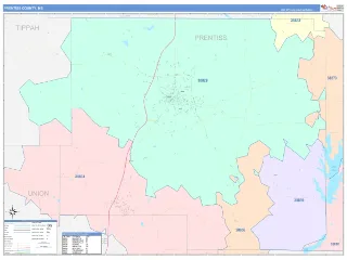 Prentiss County, MS ColorCast style ZIP Code wall map