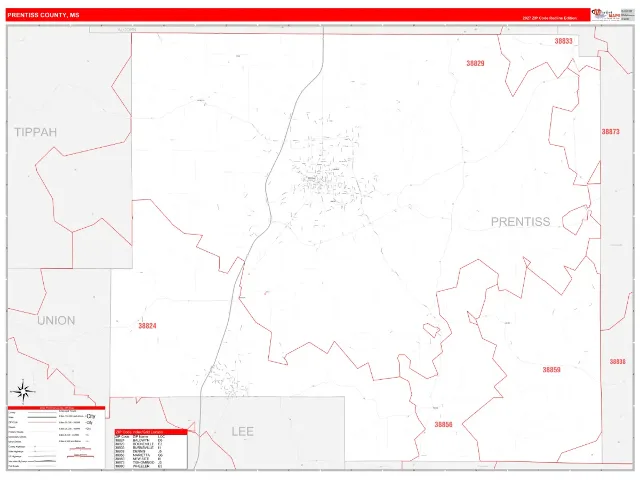Prentiss County, MS ZIP Code Wall Map, RedLine style