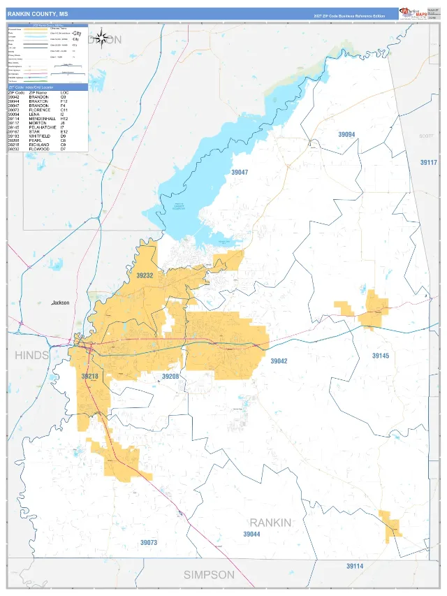 Rankin County, MS ZIP Code Wall Map, Business Reference style