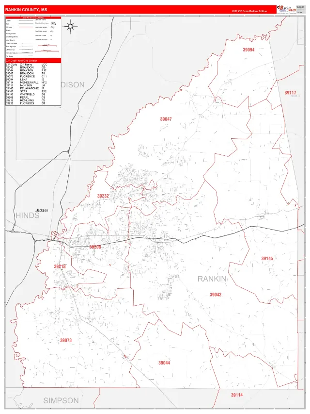 Rankin County, MS ZIP Code Wall Map, RedLine style