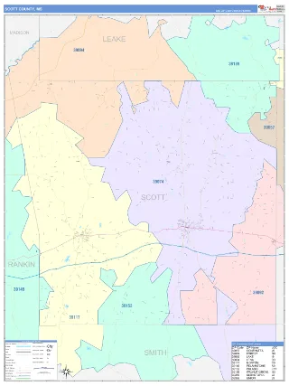 Scott County, MS ColorCast style ZIP Code wall map