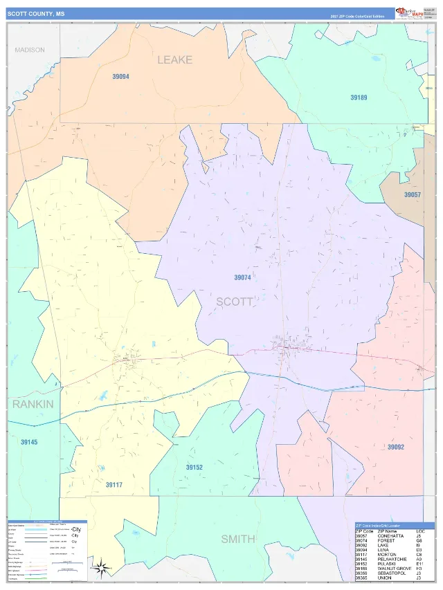 Scott County, MS ZIP Code Wall Map, ColorCast style