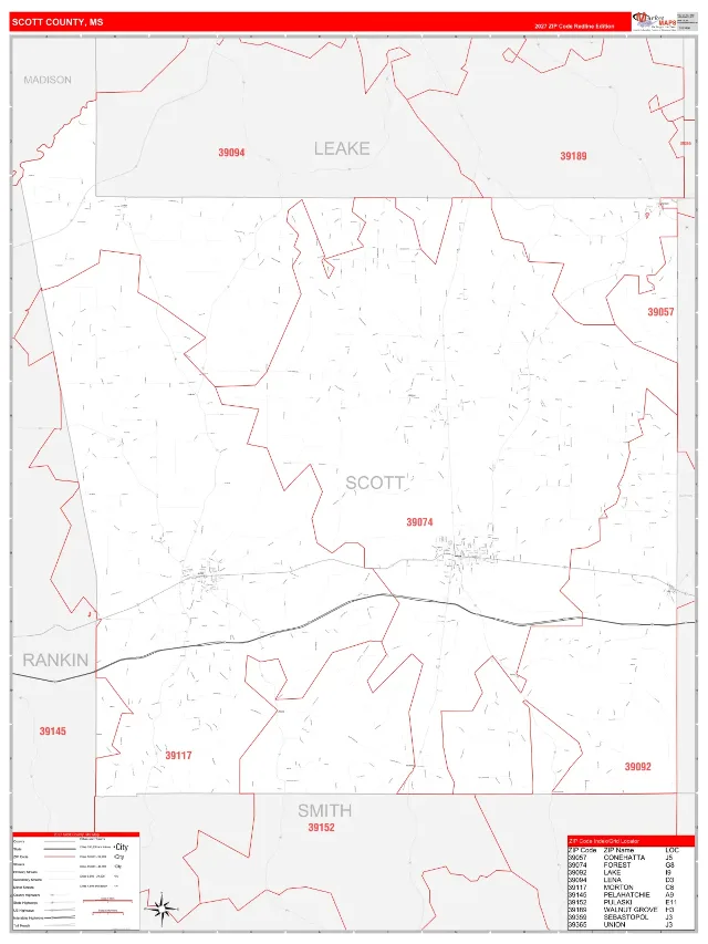 Scott County, MS ZIP Code Wall Map, RedLine style