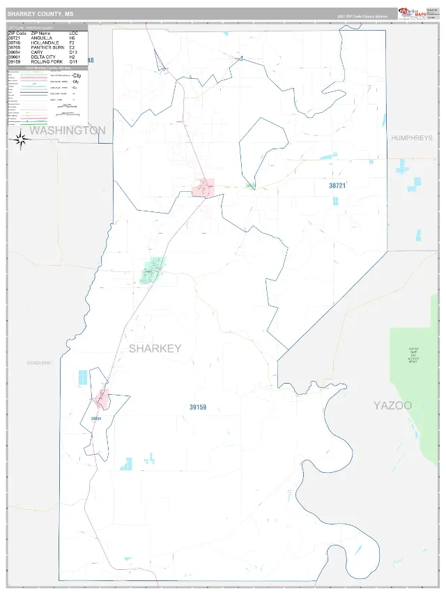 Sharkey County, MS ZIP Code Wall Map, Classic style