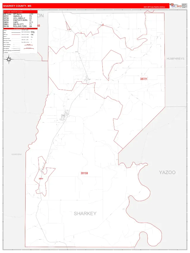 Sharkey County, MS ZIP Code Wall Map, RedLine style