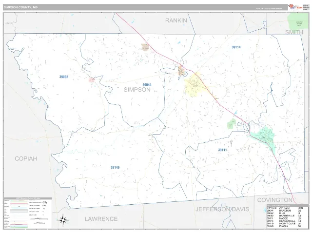 Simpson County, MS ZIP Code Wall Map, Classic style