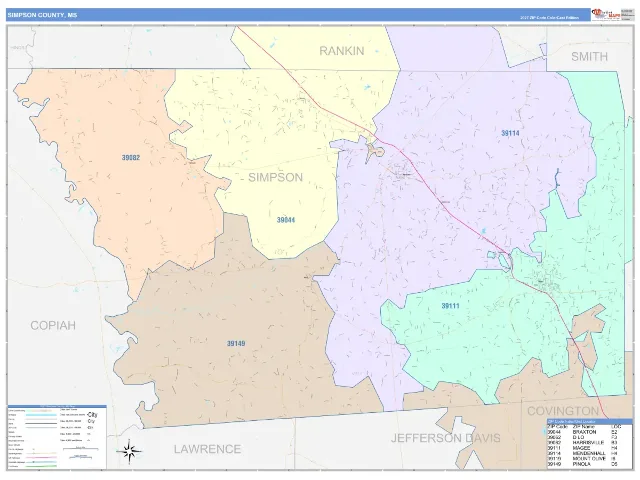 Simpson County, MS ZIP Code Wall Map, ColorCast style