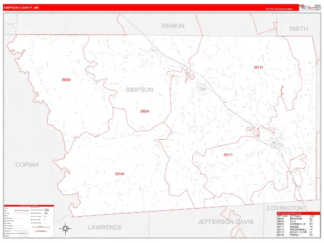 Simpson County, MS ZIP Code Wall Map, RedLine style