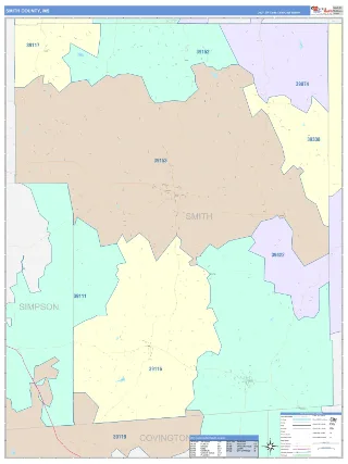 Smith County, MS ColorCast style ZIP Code wall map