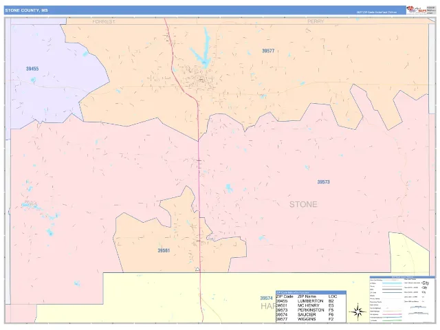 Stone County, MS ZIP Code Wall Map, ColorCast style