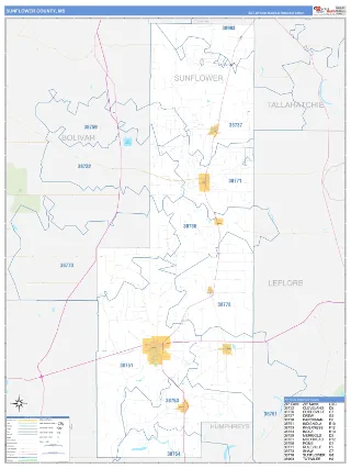 Sunflower County, MS Business Reference style ZIP Code wall map