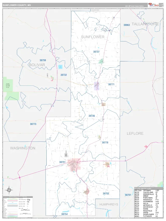 Sunflower County, MS ZIP Code Wall Map, Classic style