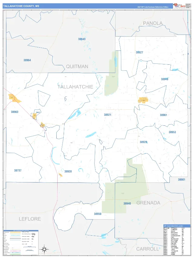 Tallahatchie County, MS ZIP Code Wall Map, Business Reference style