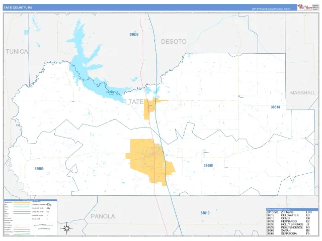 Tate County, MS ZIP Code Wall Map, Business Reference style