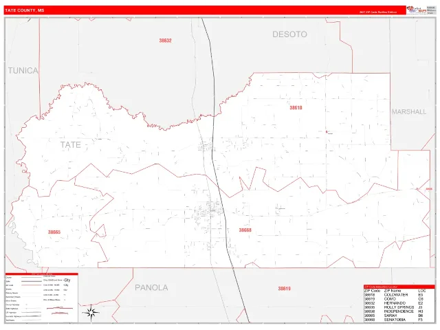 Tate County, MS ZIP Code Wall Map, RedLine style