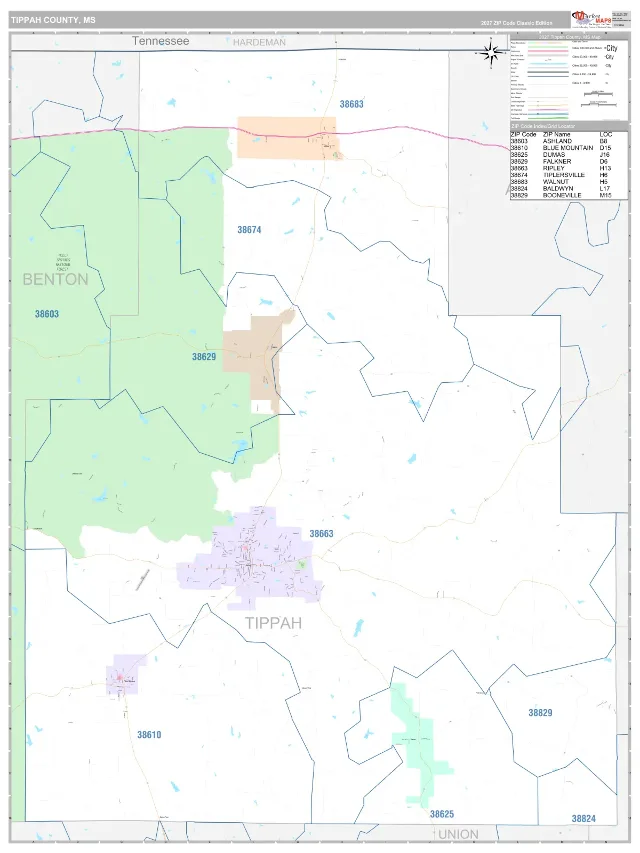 Tippah County, MS ZIP Code Wall Map, Classic style