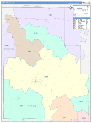 Tippah County, MS ColorCast style ZIP Code wall map