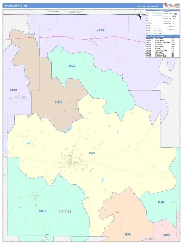 Tippah County, MS ZIP Code Wall Map, ColorCast style