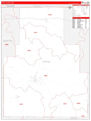 Tippah County, MS RedLine style ZIP Code wall map