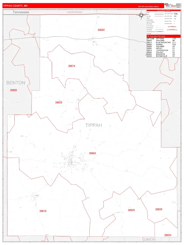 Tippah County, MS ZIP Code Wall Map, RedLine style