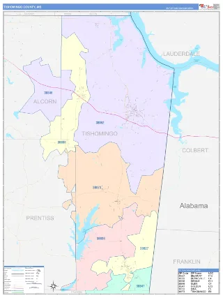 Tishomingo County, MS ColorCast style ZIP Code wall map