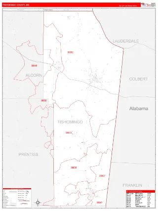 Tishomingo County, MS RedLine style ZIP Code wall map