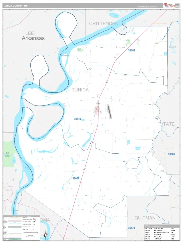 Tunica County, MS ZIP Code Wall Map, Classic style