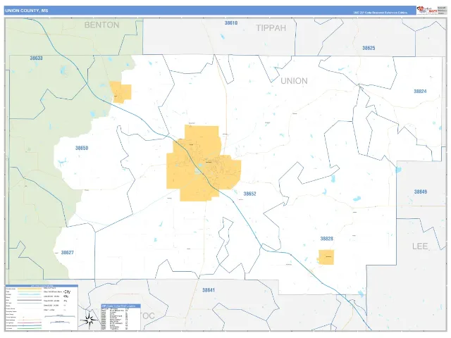 Union County, MS ZIP Code Wall Map, Business Reference style