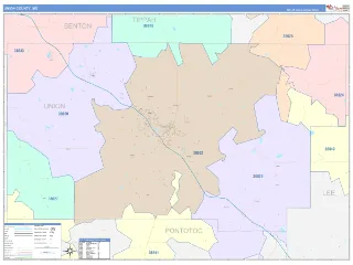 Union County, MS ColorCast style ZIP Code wall map