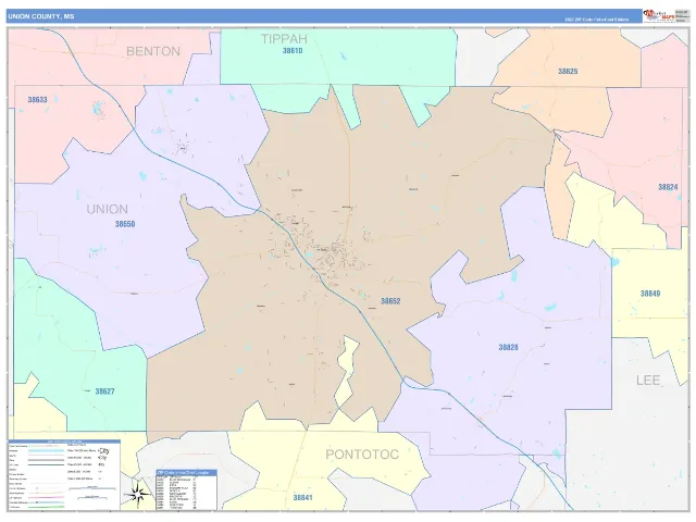 Union County, MS ZIP Code Wall Map, ColorCast style