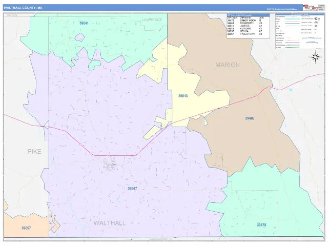 Walthall County, MS ZIP Code Wall Map, ColorCast style