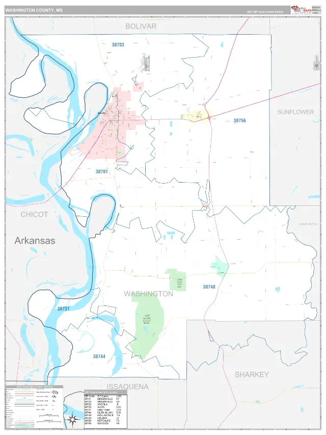 Washington County, MS ZIP Code Wall Map, Classic style