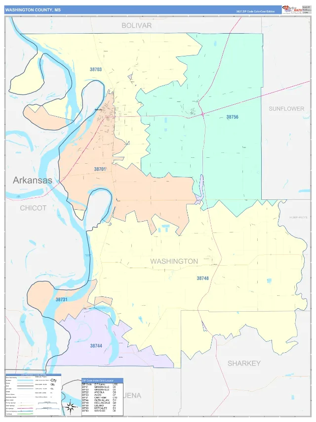 Washington County, MS ZIP Code Wall Map, ColorCast style