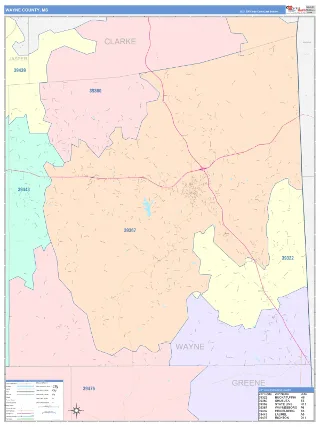 Wayne County, MS ColorCast style ZIP Code wall map