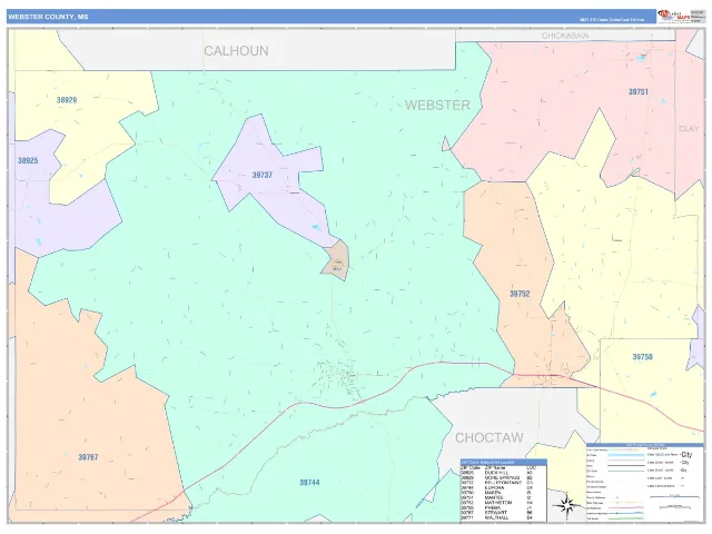 Webster County, MS ZIP Code Wall Map, ColorCast style