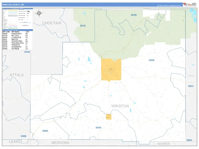 Winston County, MS ZIP Code Wall Map, Business Reference style